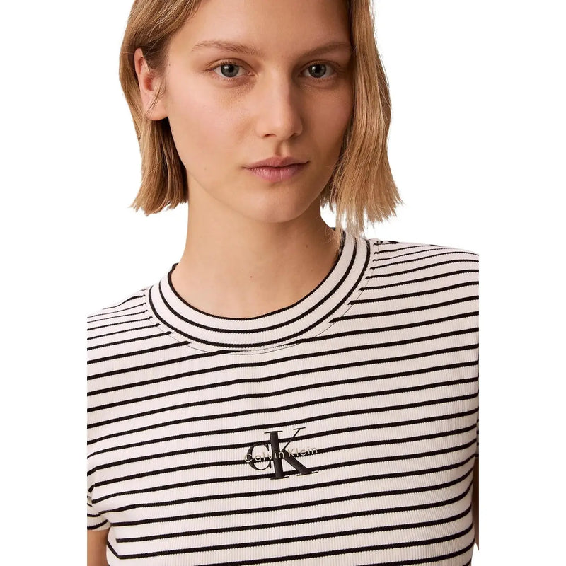 Calvin Klein Jeans women striped round neck top in black and white ribbed knit with short sleeves and logo embroidery