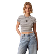 Calvin Klein Jeans women striped round neck cropped t-shirt in black and white with small ck logo on the chest