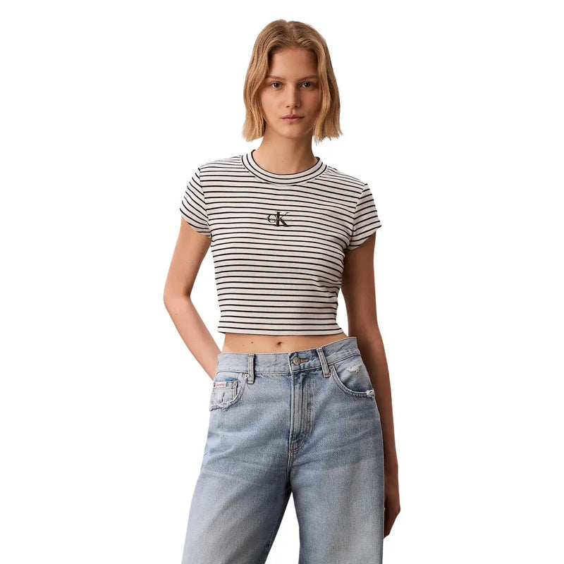 Calvin Klein Jeans women striped round neck cropped t-shirt in black and white with small ck logo on the chest