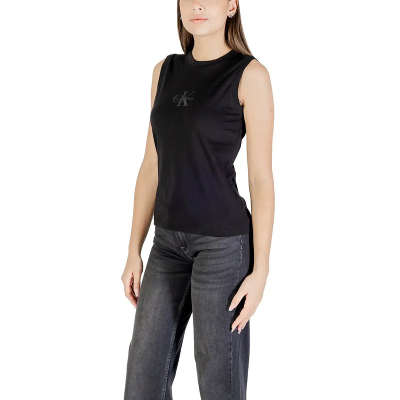 Black Calvin Klein Jeans women tank top made of cotton featuring a sleeveless design and subtle embroidered logo on chest