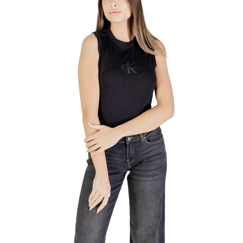 Black sleeveless Calvin Klein jeans women tank top in cotton with round neck and subtle embroidered logo on chest