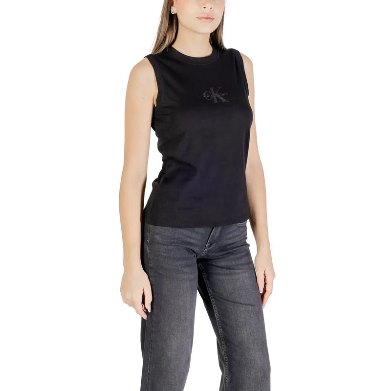 Calvin Klein Jeans women tank top black cotton sleeveless with round neck and subtle embroidered logo on the chest