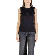 Calvin klein jeans women black sleeveless cotton tank top with round neck and subtle embroidered logo on chest