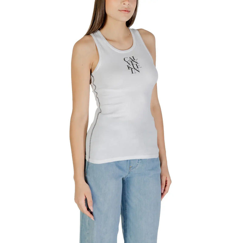 Calvin Klein jeans women tank top in white cotton with black logo and stitched side seam detail and round neck