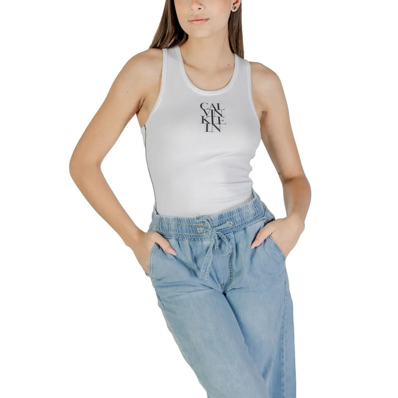 Calvin Klein Jeans women tank top white cotton round neck with black logo on the front
