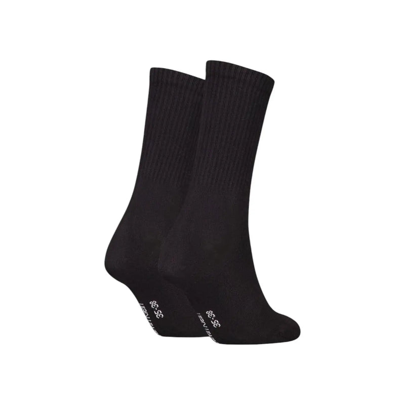 Black ribbed cotton blend crew socks with subtle white logo near the heel from calvin klein jeans women underwear line