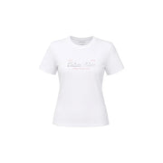 Calvin Klein Jeans women white cotton classic short t shirt with subtle pink and silver logo print on the chest