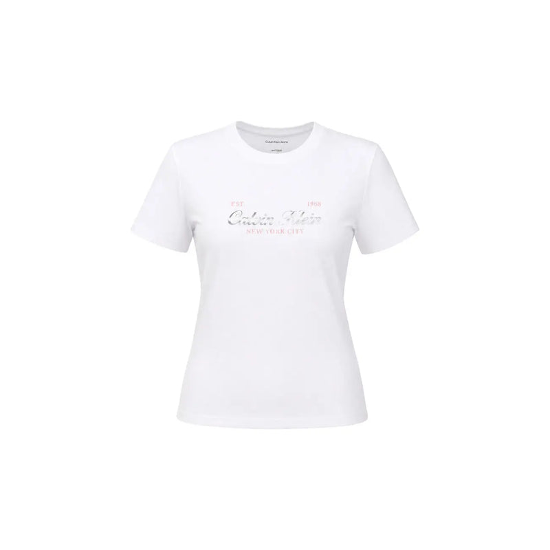 Calvin Klein Jeans women white cotton classic short t shirt with subtle pink and silver logo print on the chest