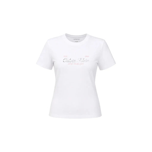 Calvin Klein Jeans women white cotton classic short t shirt with subtle pink and silver logo print on the chest
