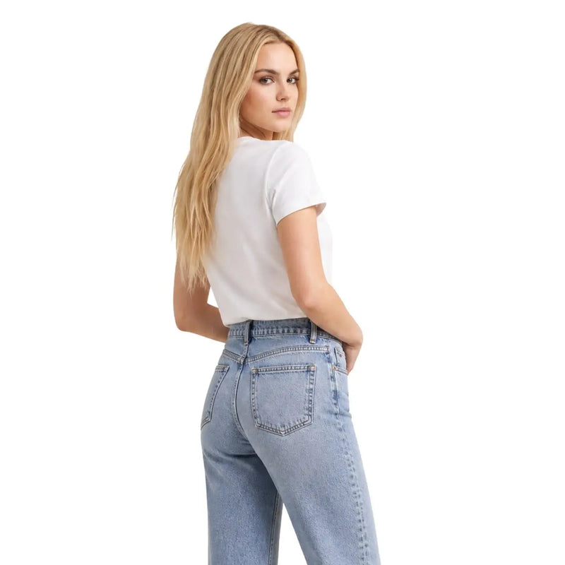 Light-wash denim high-rise wide-leg jeans complementing calvin klein jeans women white cotton classic short t shirt