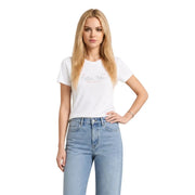 Calvin Klein Jeans women white cotton classic short t shirt with subtle pink and gray logo print on front