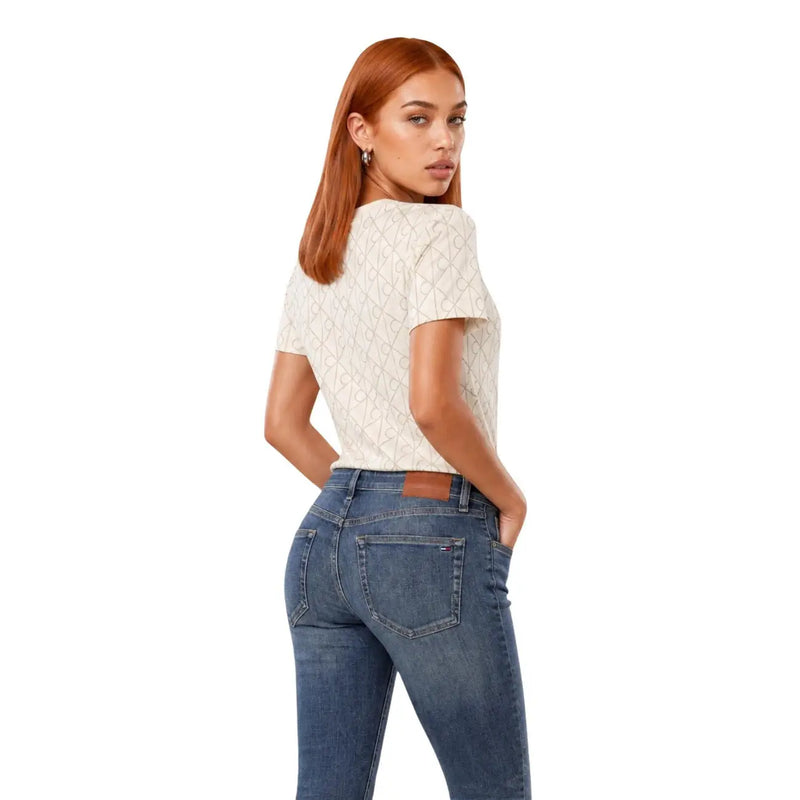 Calvin Klein Jeans women white cotton T shirt with beige short-sleeved top and subtle geometric pattern