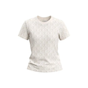 Calvin Klein Jeans women white cotton t shirt with cream short sleeves and subtle light gray geometric pattern