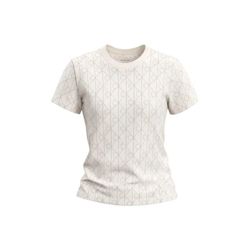 Calvin Klein Jeans women white cotton t shirt with cream short sleeves and subtle light gray geometric pattern