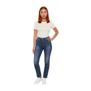High-waisted blue denim jeans with a straight-leg cut paired with calvin klein jeans women white cotton geometric t shirt