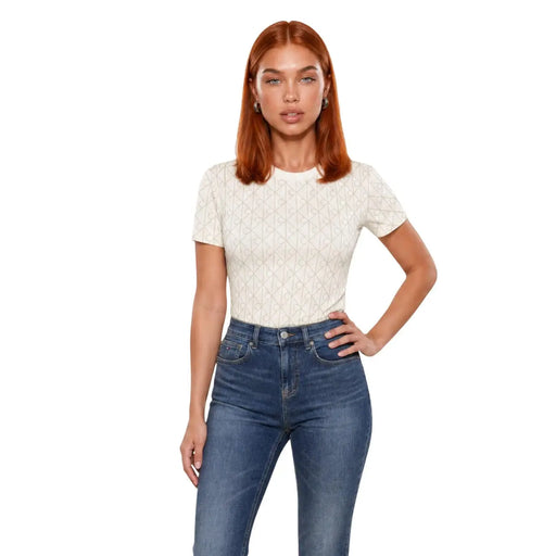 Cream-colored short-sleeved cotton t shirt with subtle geometric pattern from Calvin Klein Jeans women collection