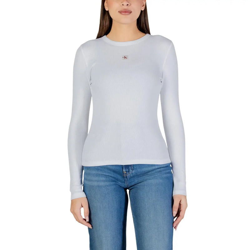 A light gray ribbed long-sleeve cotton top with a small red Calvin Klein logo on the chest for women