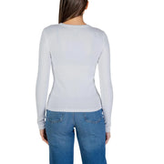Calvin Klein Jeans women white cotton long round neck t shirt featuring a sleek light gray ribbed knit top design