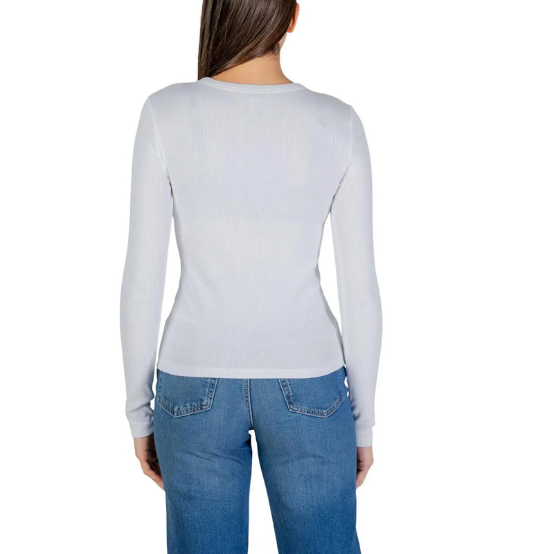 Calvin Klein Jeans women white cotton long round neck t shirt featuring a sleek light gray ribbed knit top design