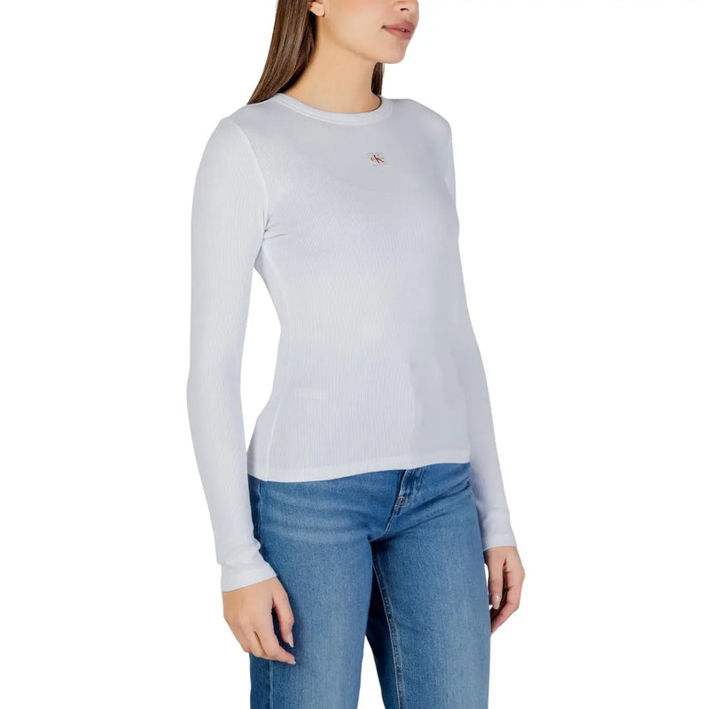 White cotton long-sleeved ribbed knit top with small embroidered logo on chest by Calvin Klein Jeans women
