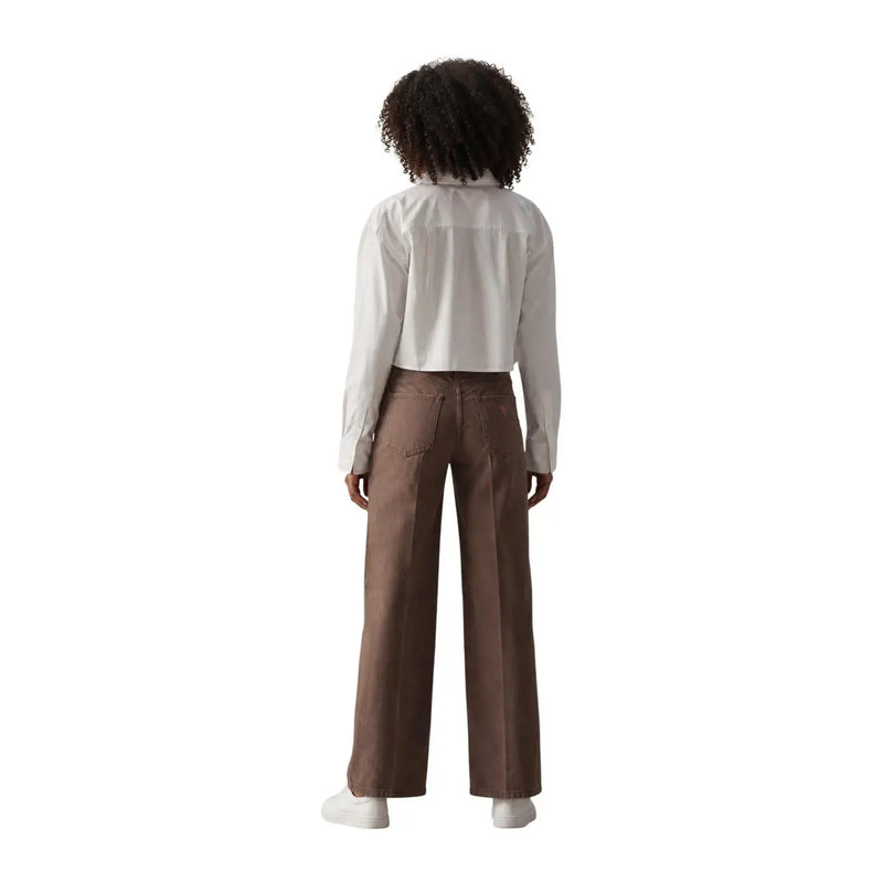 Brown wide-leg trousers with a straight cut and visible back pockets shown from the back side for women
