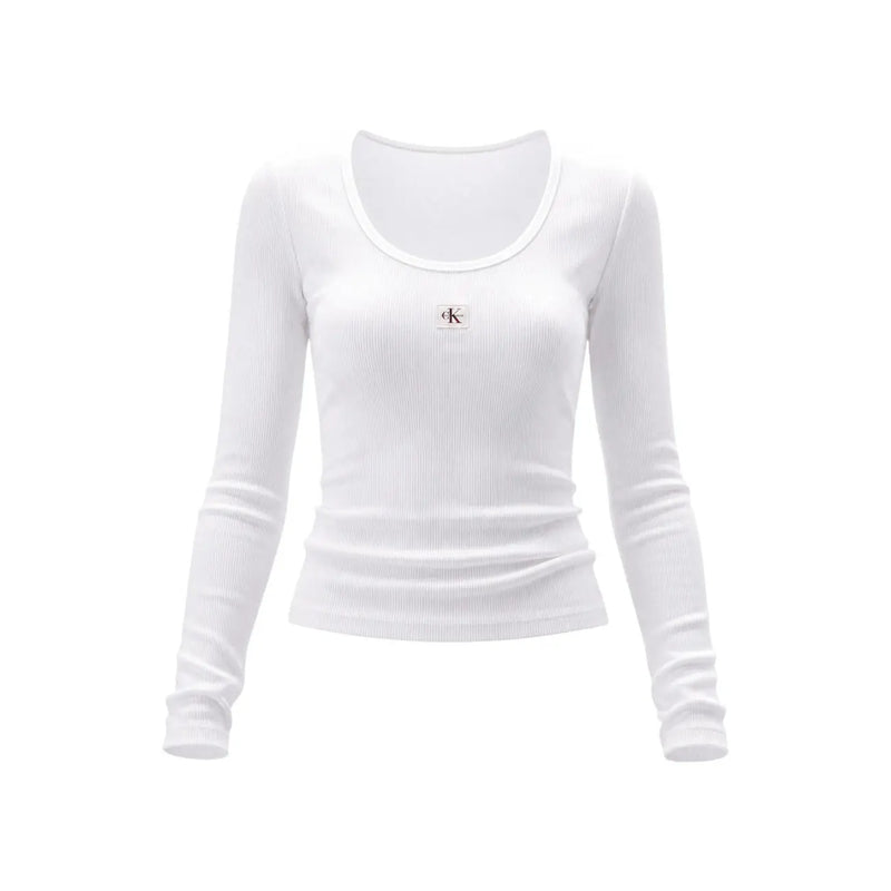 White ribbed long-sleeve cotton lycra top for women with subtle calvin klein logo patch at the chest