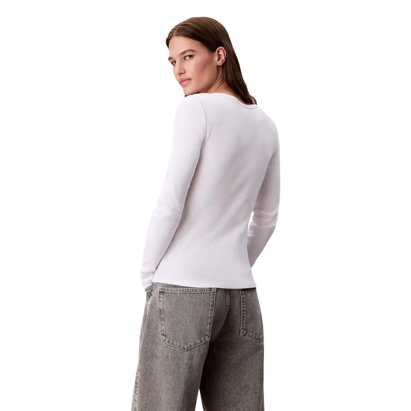 Calvin Klein Jeans women white cotton lycra long t shirt with smooth fitted fabric and round neckline