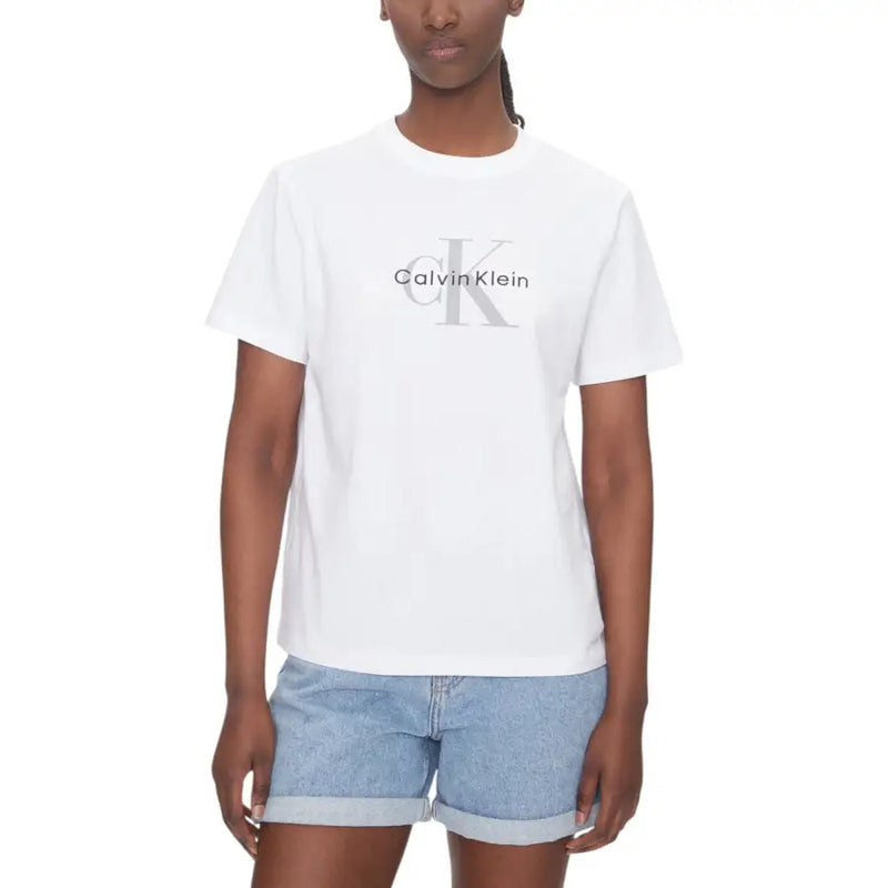 Calvin Klein Jeans women white cotton round neck short sleeve t shirt with subtle gray logo across the chest