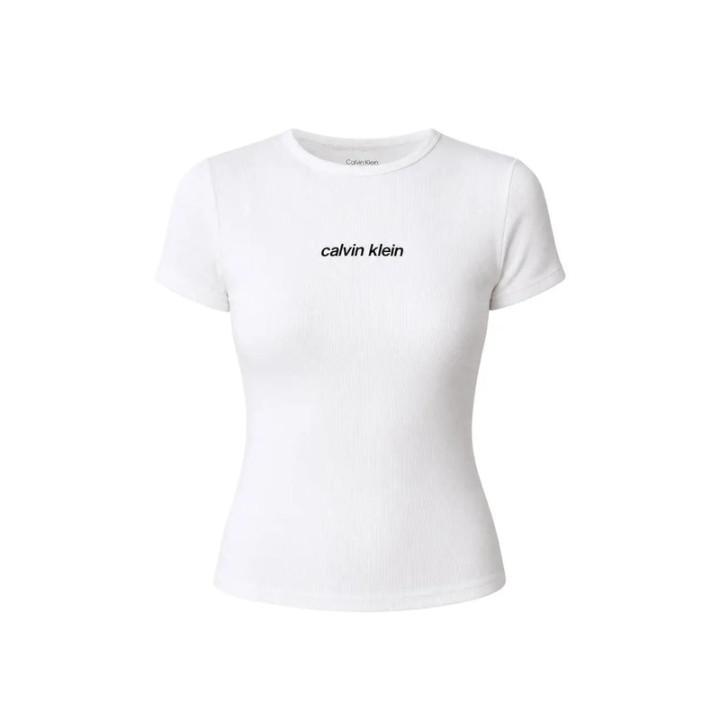 Calvin Klein Jeans women white cotton short-sleeved ribbed t shirt with black logo print and round neck