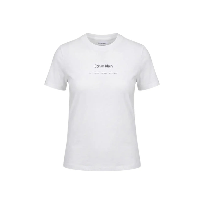 Calvin Klein Jeans women white cotton round neck t shirt with black logo and text printed on the chest