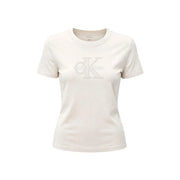 Cream-colored Calvin Klein Jeans women white cotton round neck t shirt with tonal CK logo across the chest
