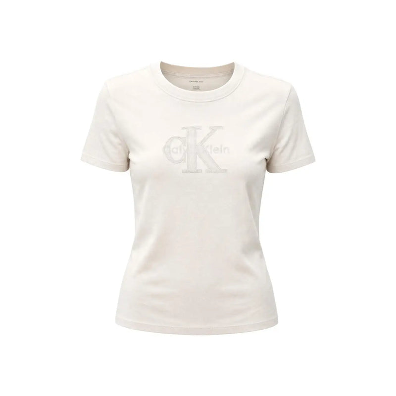 Cream-colored Calvin Klein Jeans women white cotton round neck t shirt with tonal CK logo across the chest