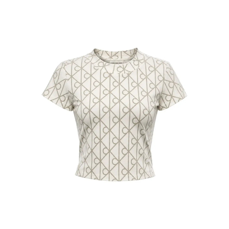Calvin Klein Jeans women white cotton round neck t shirt in cream with gray interlocking logo pattern cropped design