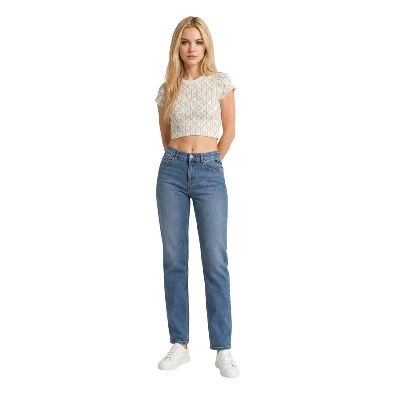 High-waisted blue denim jeans with a straight-leg cut and five-pocket design paired with calvin klein women white cotton t shirt