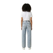 Calvin klein jeans women white cotton round neck t shirt shown with light-wash high-rise wide-leg denim jeans back view