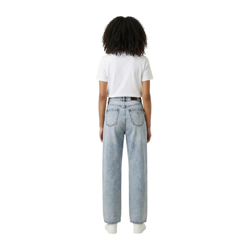 Calvin klein jeans women white cotton round neck t shirt shown with light-wash high-rise wide-leg denim jeans back view