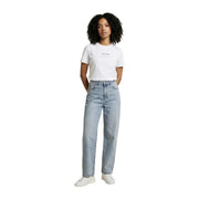 Light-wash denim jeans with high-rise straight leg and classic stitching paired with calvin klein women white cotton round neck t shirt