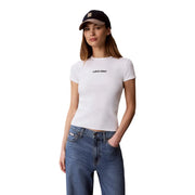 White Calvin Klein Jeans women cotton short-sleeved t shirt with round neck and black logo embroidery