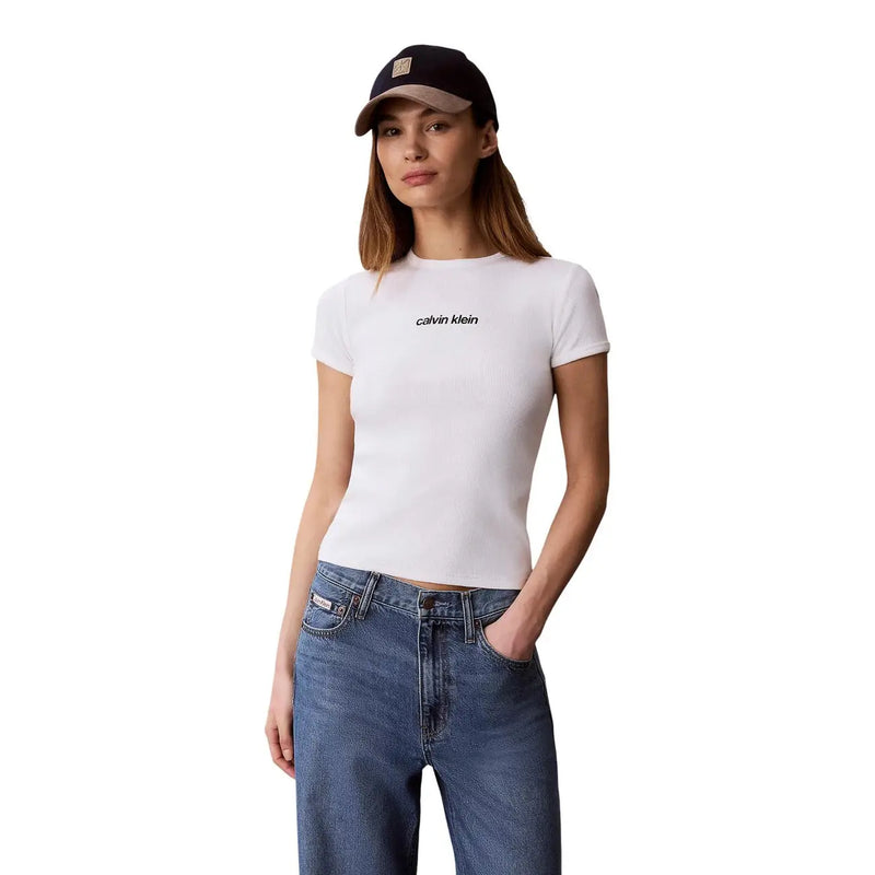 White Calvin Klein Jeans women cotton short-sleeved t shirt with round neck and black logo embroidery