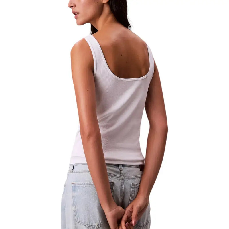 Calvin Klein Jeans women white cotton tank top featuring a ribbed texture square neckline and back cutout shown from back