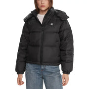 Calvin Klein Jeans women black hooded puffer jacket with white logo