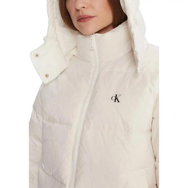 Calvin Klein Jeans women white hooded nylon jacket cream-colored quilted puffer with black embroidered logo