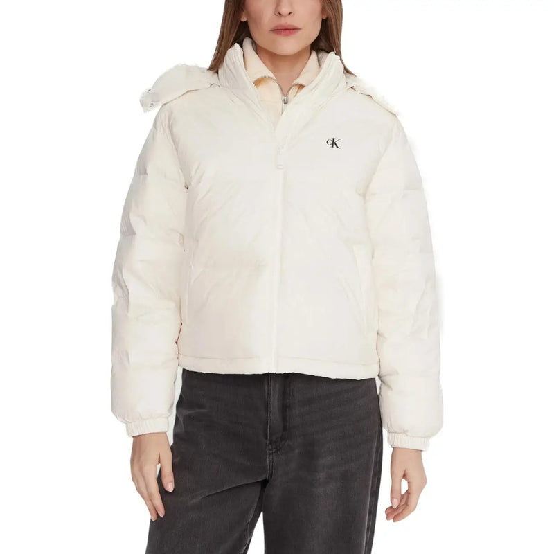 Cream-colored Calvin Klein Jeans women white hooded nylon puffer jacket with quilted design and logo on left chest