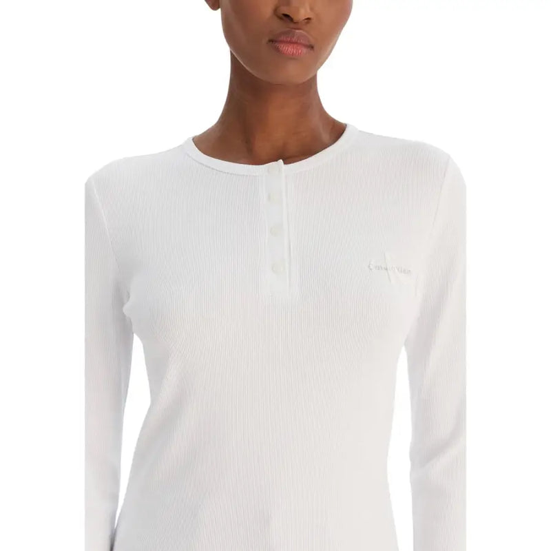 Calvin klein jeans women white long sleeve ribbed knit henley top with three buttons and small chest logo