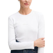 White ribbed long-sleeve organic cotton t-shirt with subtle Calvin Klein logo embroidery for women