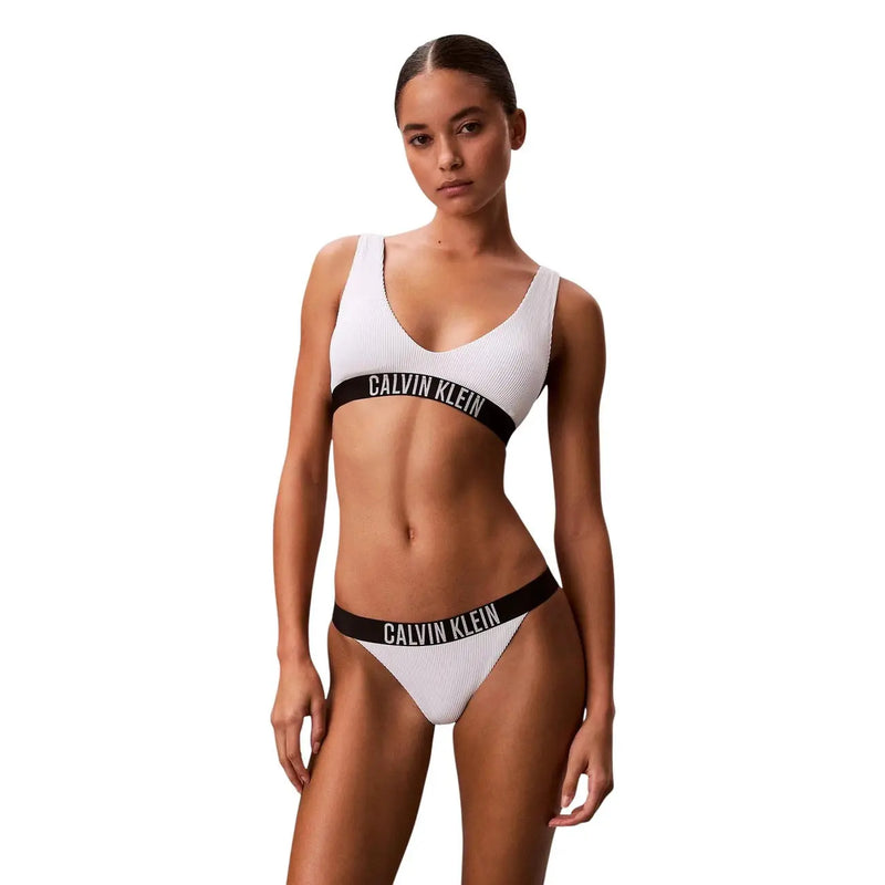 Calvin Klein Jeans women white ribbed nylon bikini set with black logo waistband for Brazilian beachwear
