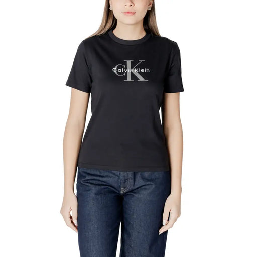 Calvin Klein black women’s cotton T-shirt with silver CK logo print