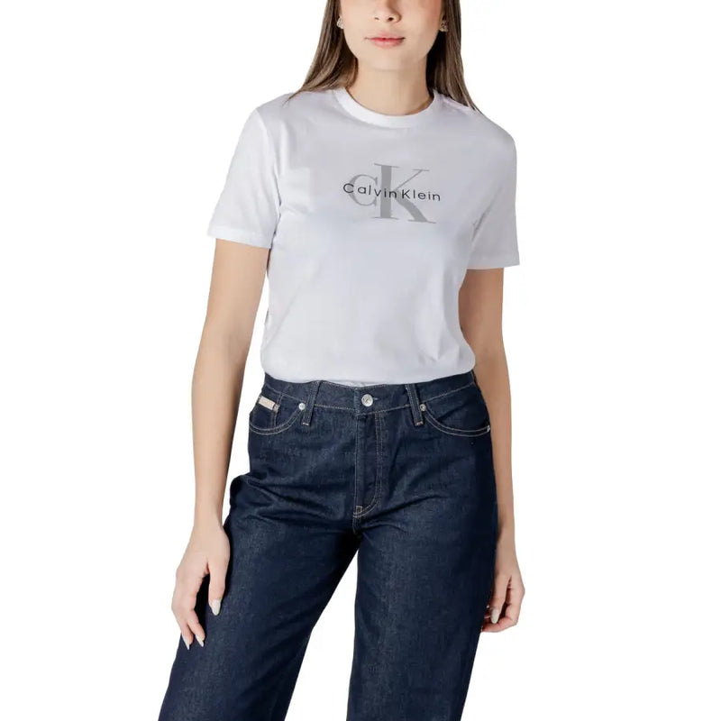 White Calvin Klein Jeans women’s cotton t-shirt with a subtle gray logo print on the chest