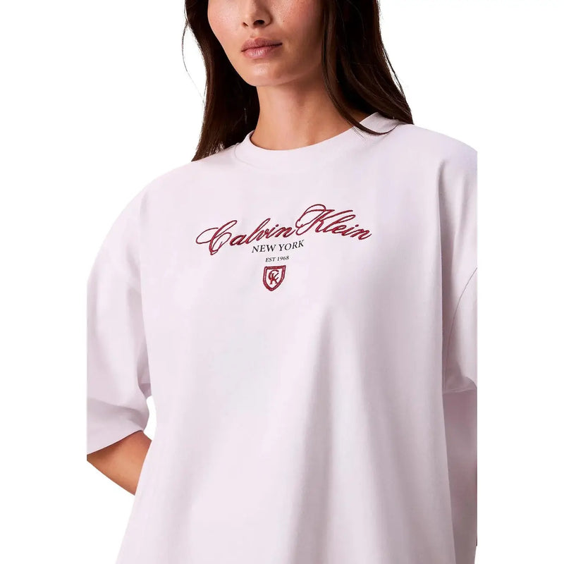 Calvin Klein Jeans women white cotton round neck short t shirt with red cursive logo and shield emblem