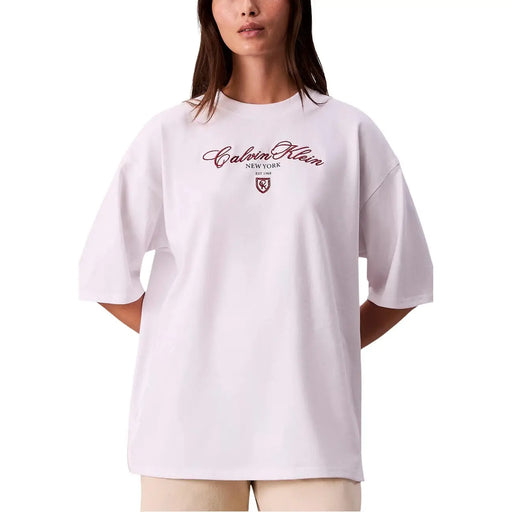 Calvin Klein Jeans women white oversized cotton t shirt with maroon script logo and crest on front